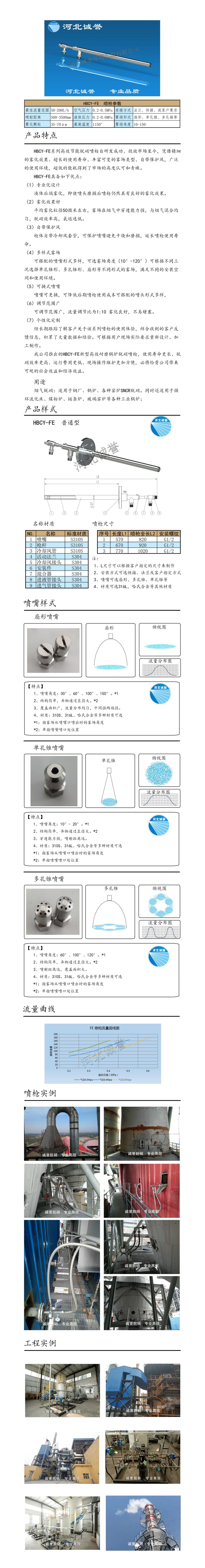 脫硝噴槍、保護(hù)套、噴槍參數(shù)、材質(zhì)尺寸、流量分布圖、扇形空心錐俯視圖介紹，以及噴槍霧化視頻展示和工程案例介紹
